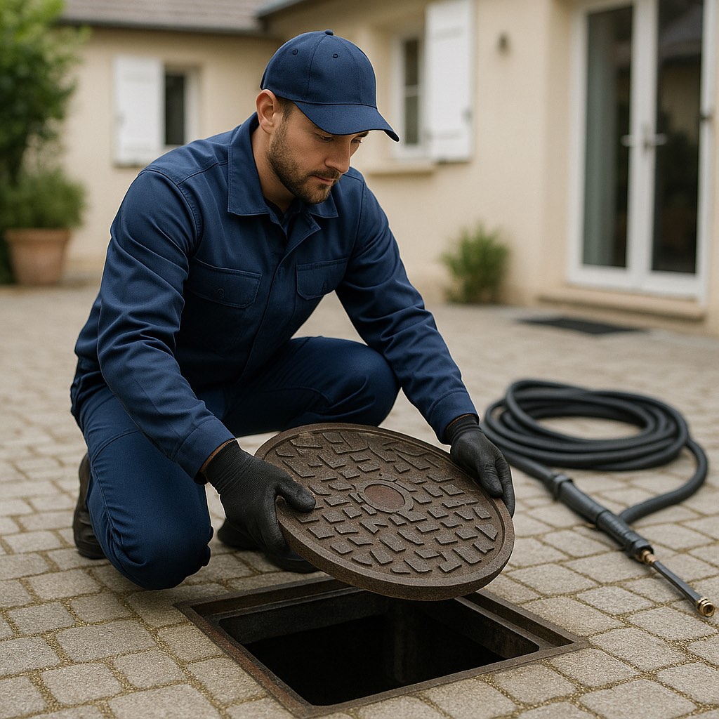Regard de canalisation extérieur en cours d'intervention