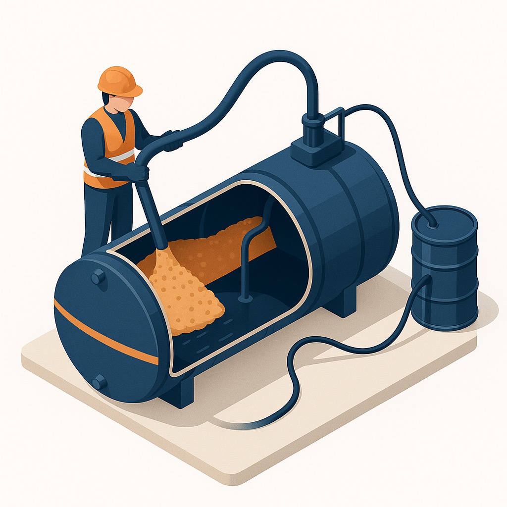 Illustration du remplissage de sable lors de la neutralisation d'une cuve à fioul