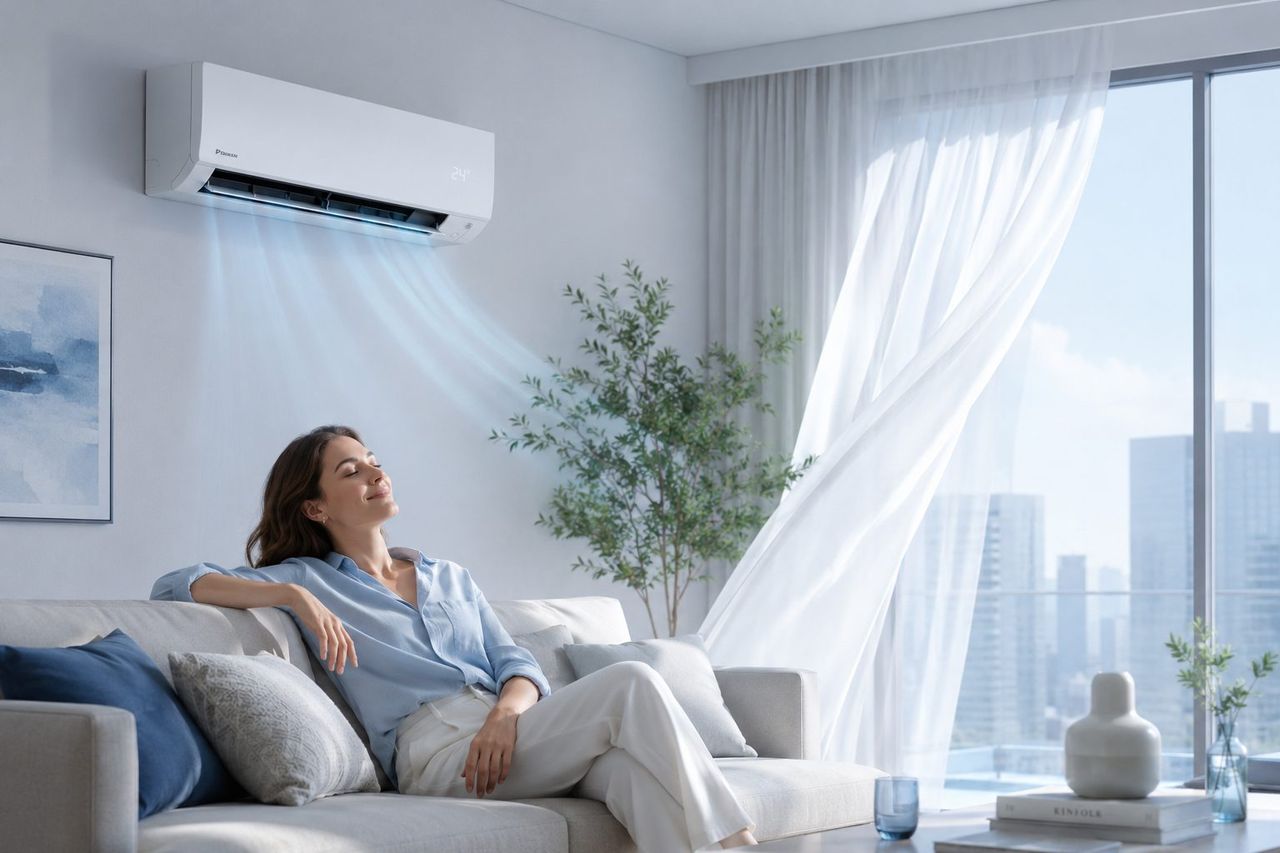 Salon rafraîchi l'été par une climatisation réversible