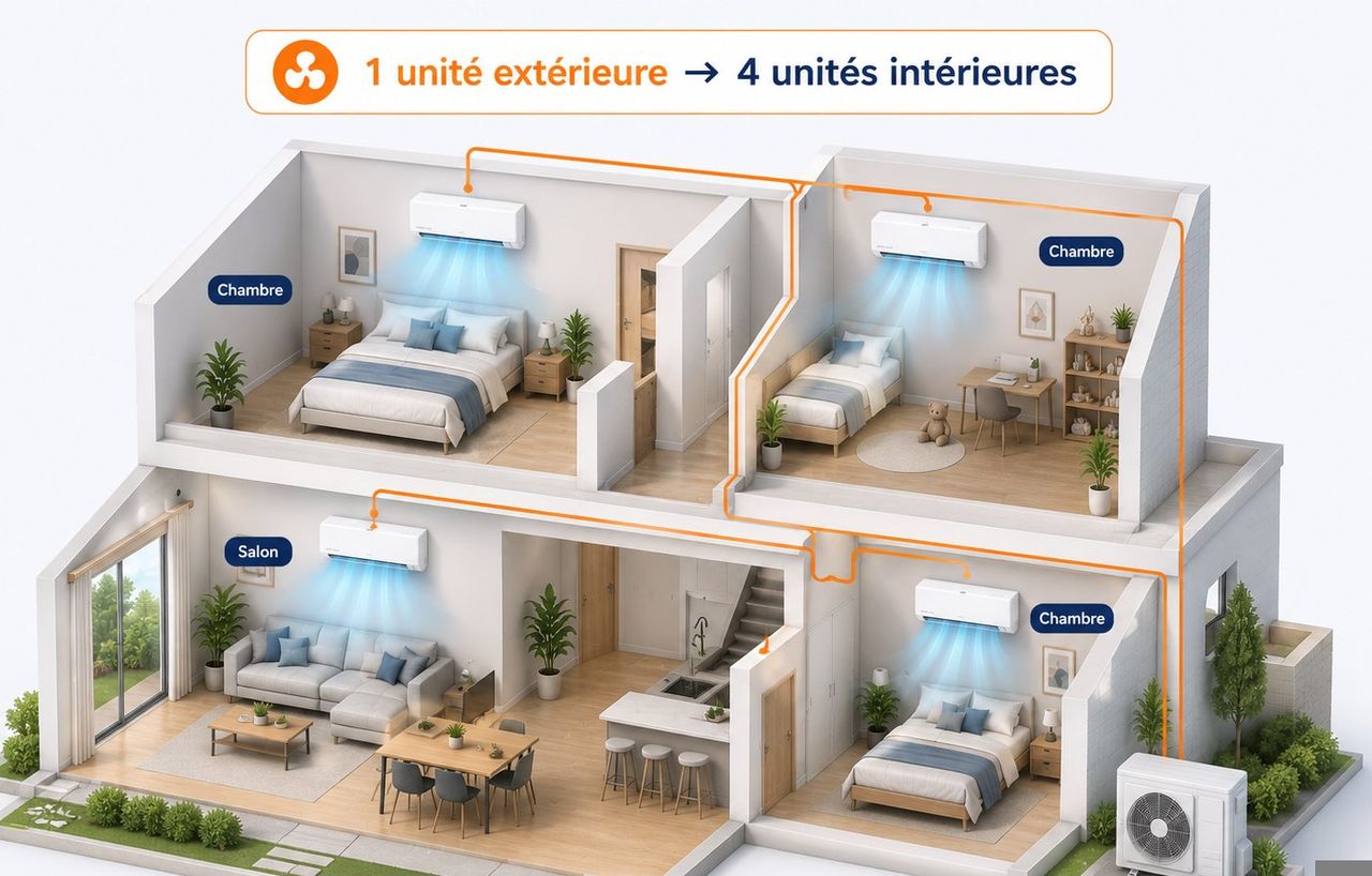 Schéma quad-split : 1 unité extérieure reliée à 4 unités intérieures dans une maison